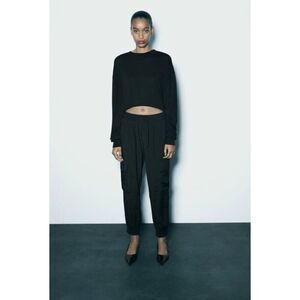 Zara Womens Elastic Waist Drawstring Cargo Jogger Pants Slouch Size Medium Black